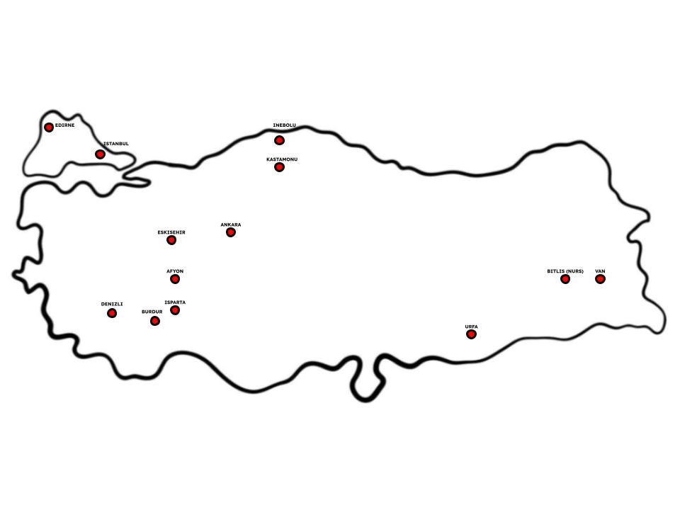 Map of Turkey, Featuring Major Cities Travelled by Nursi